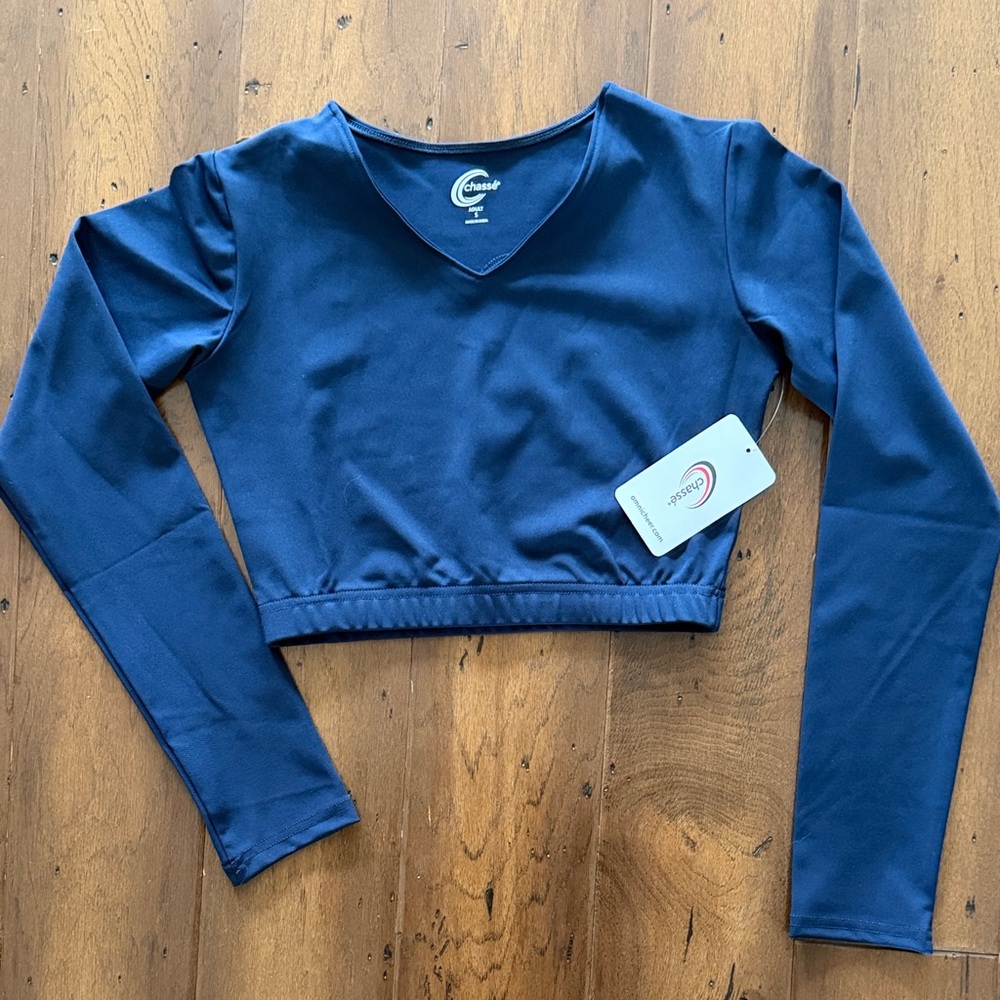 Chassee Navy V-Neck Cropped Long Sleeve Top